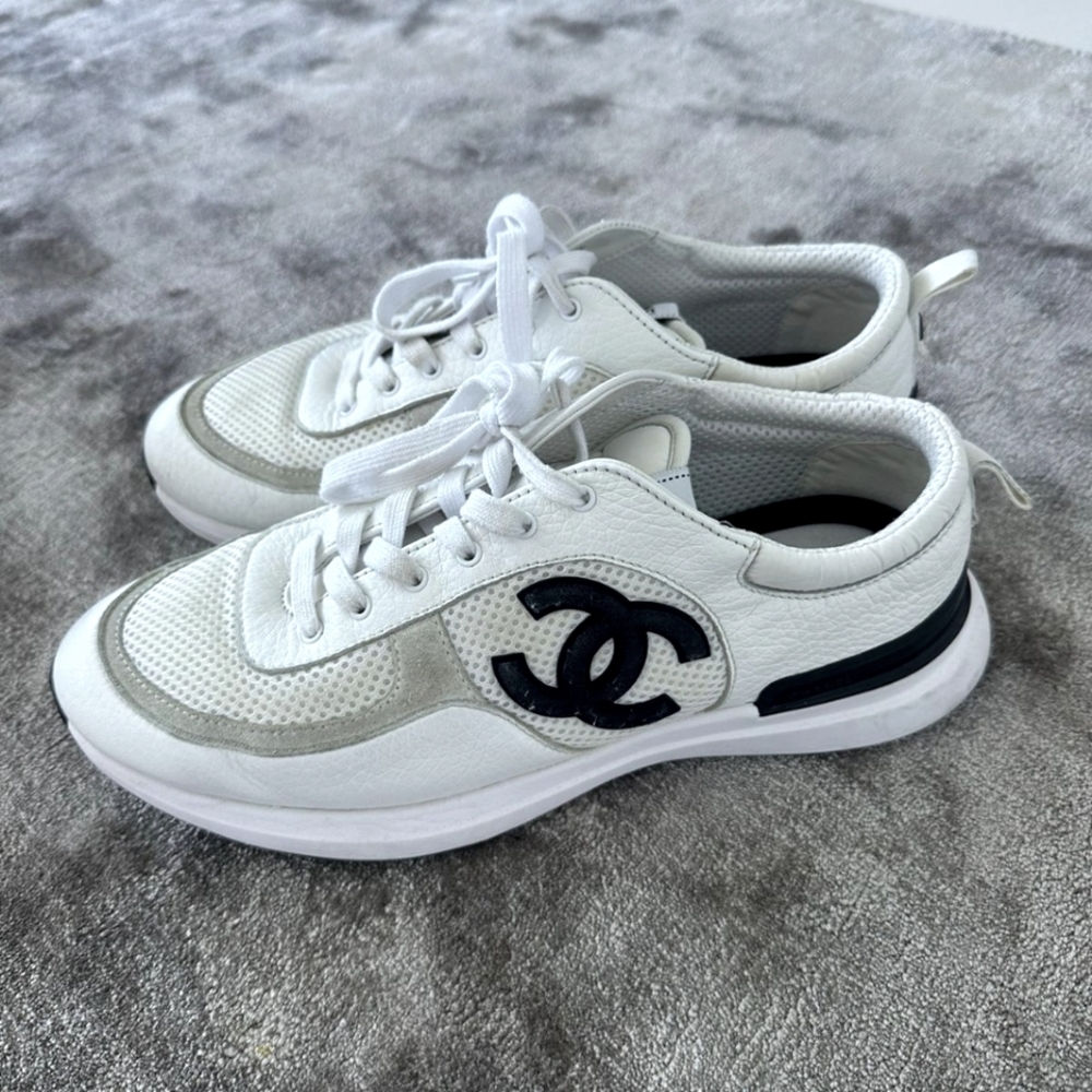 Chanel Leather And Meshed Runners in Black & White Size 43.